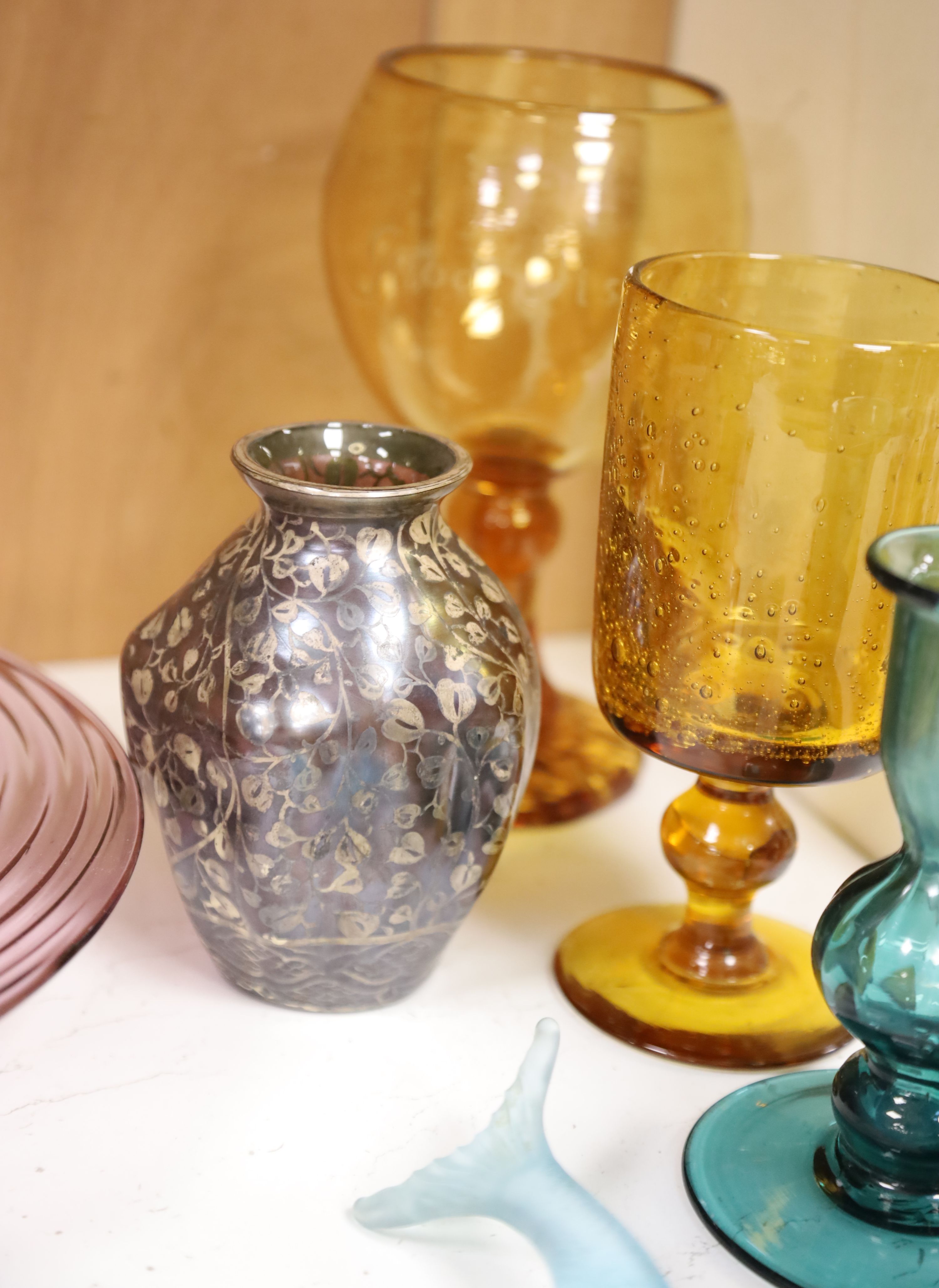 A small quantity of coloured glass including Whitefriars and Wedgwood, tallest 29.5cm
